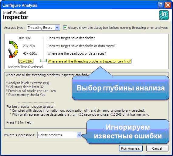 Окно выбора глубины анализа