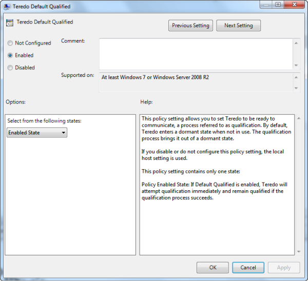 Во избежание недоразумений и дополнительных действий, Teredo лучше сразу сделать постоянно активным