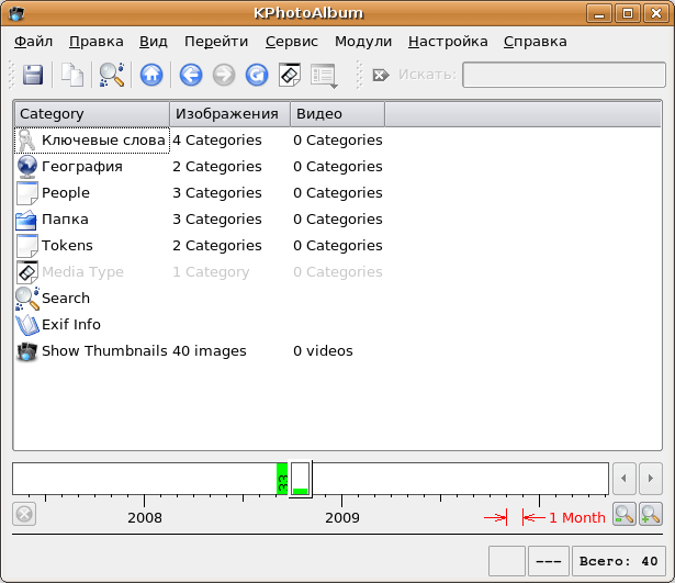 Главное окно KPhotoAlbum, его «домашняя страница»