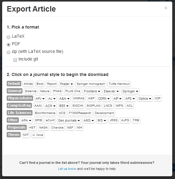 Настройки экспорта в Authorea