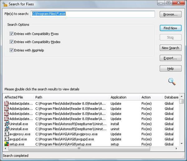 Панель Search for Fixes и результаты поиска