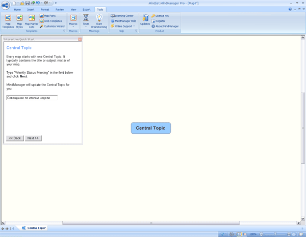 Окно помощника для обучения нового пользователя. Формулирование главной темы.