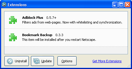 Менеджер расширений в Netscape 8.1