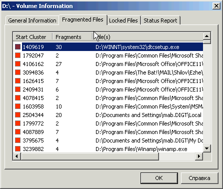 Информация о фрагментации файлов