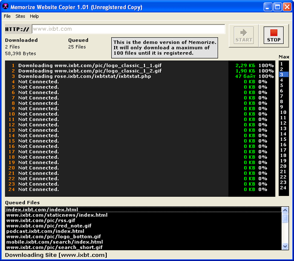 Главное окно Memorize Website Downloader