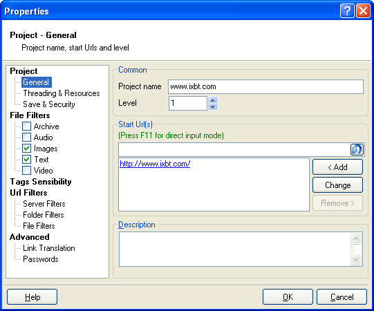 Создание нового проекта в WebCloner, стандартный режим