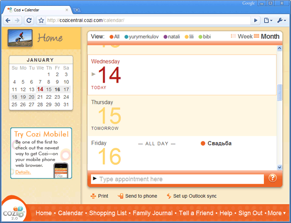 Главная страница календаря Cozy