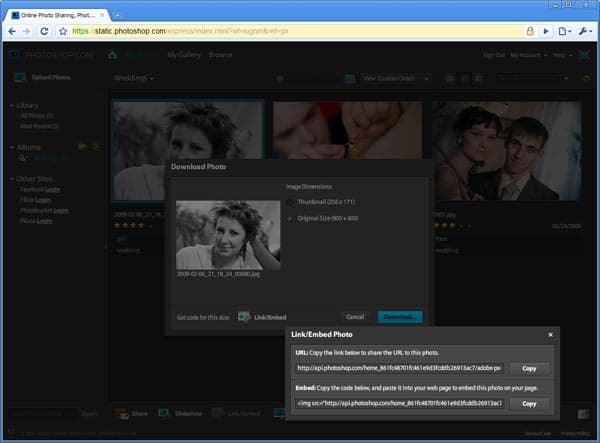 Предоставление ссылок для публикации фотографий Photoshop.com