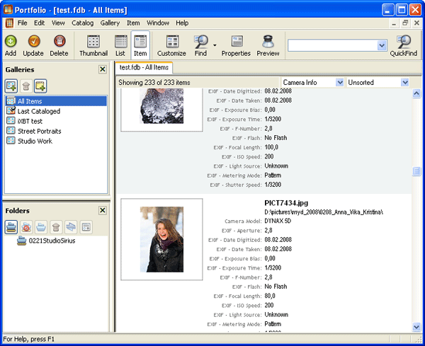 Показ служебной информации о фотографиях в Portfolio