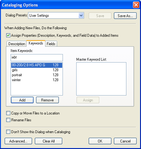Опции каталога при добавлении фотографий в базу Portfolio
