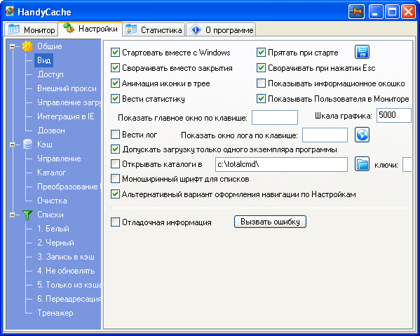 Рабочее окно HandyCache