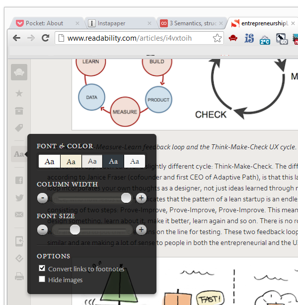 Настройки отображения текста в режиме чтения