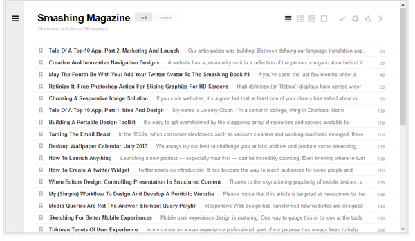 Feedly, список публикаций канала