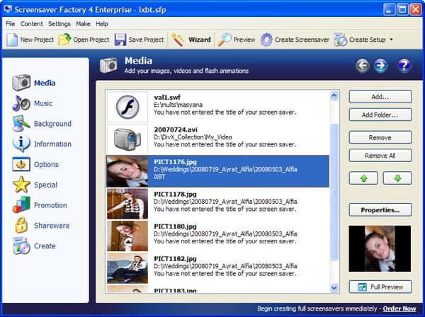 Рабочее окно Screensaver Factory