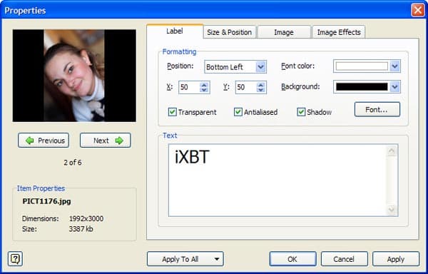 Свойства слайда в Screensaver Factory