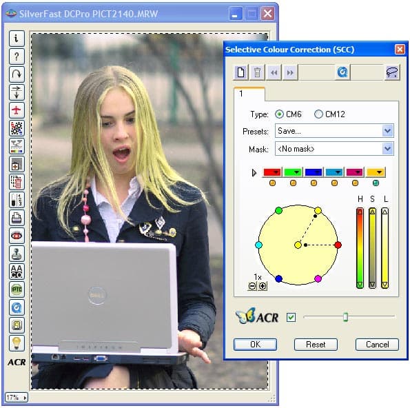 Выборочная коррекция отдельных оттенков в SilverFast DCPro. На иллюстрации показан пример раскраски волос модели в желтый цвет