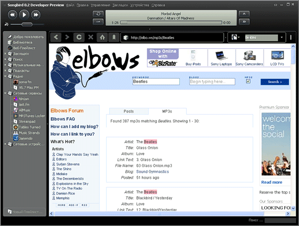 Поиск музыки в интернете с помощью Songbird