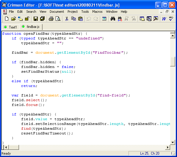 Рабочее окно Crimson Editor