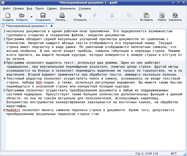 Рабочее окно gedit