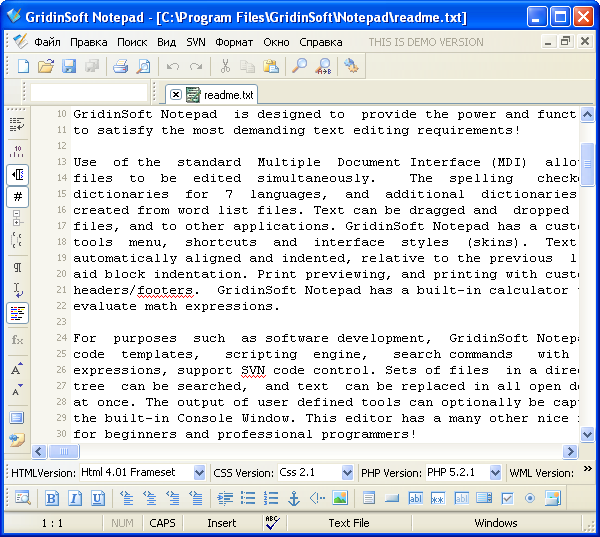 Рабочее окно GridinSoft Notepad