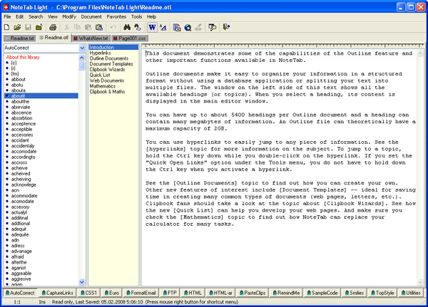 Рабочее окно NoteTab Light