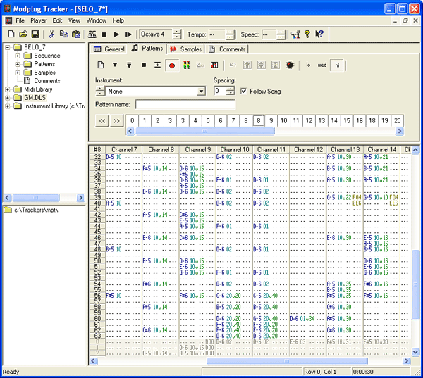 Работа с партитурой в MODPlug Tracker