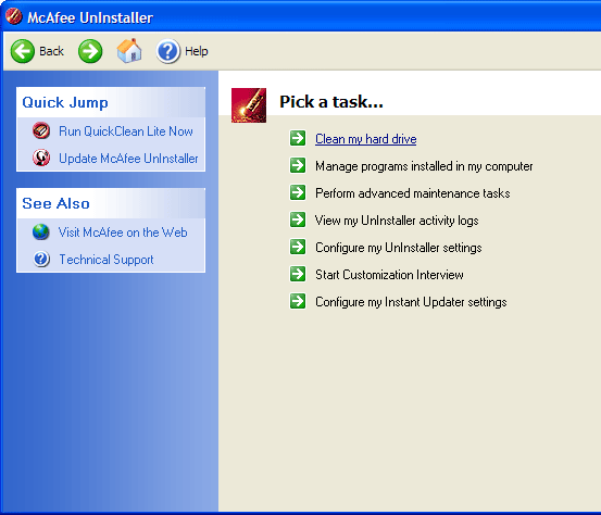 Рабочее окно McAfee Uninstaller