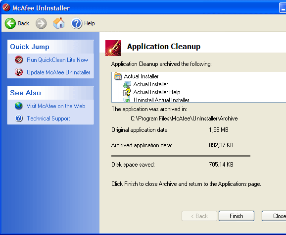 Завершение архивирования приложения в McAfee Uninstaller