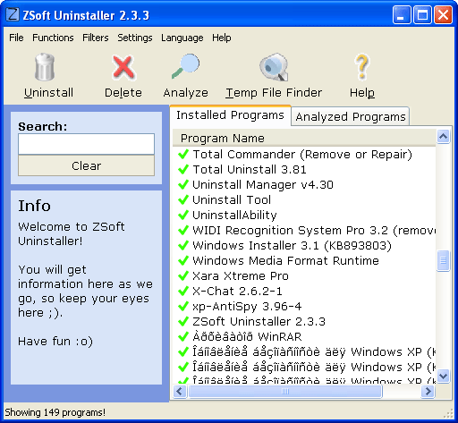 Рабочее окно ZSoft Uninstaller