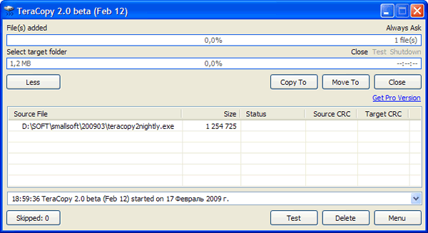 Рабочее окно Tera Copy