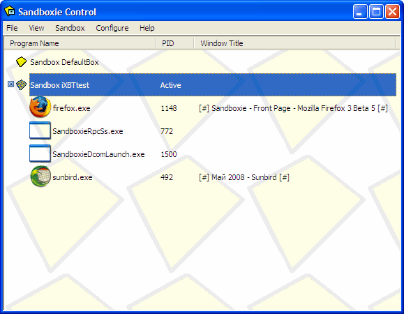 Рабочее окно Sandboxie