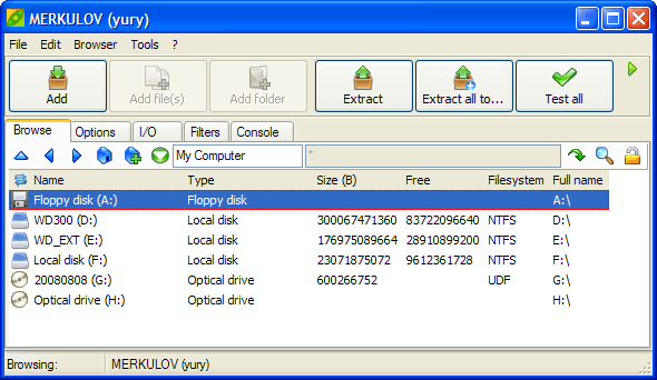Рабочее окно PeaZip