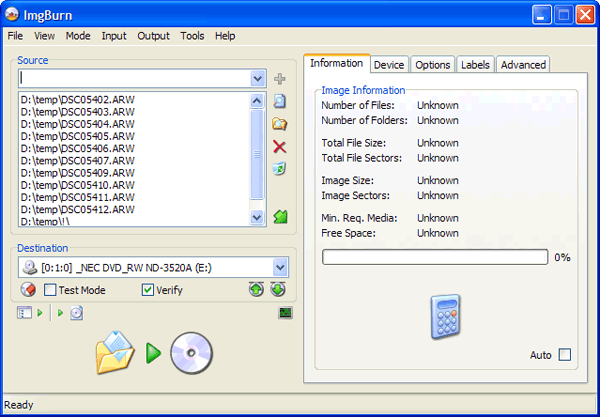 Главное окно ImgBurn