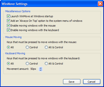 Настройки WinMove