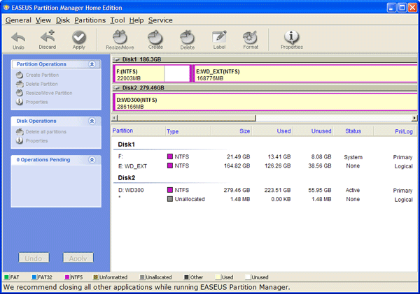 Рабочее окно EASEUS Partition Manager Home Edition