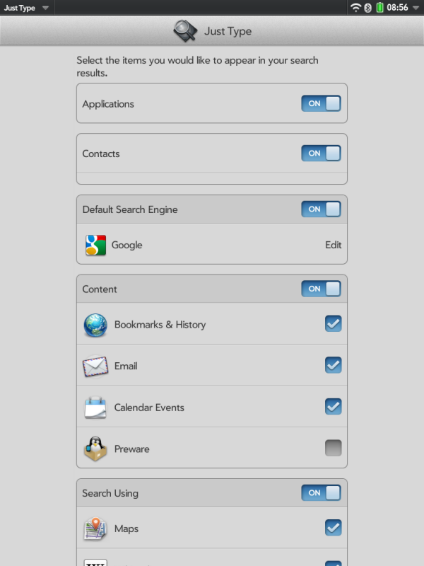 Поиск Just type осуществляется в различных локальных и сетевых источниках