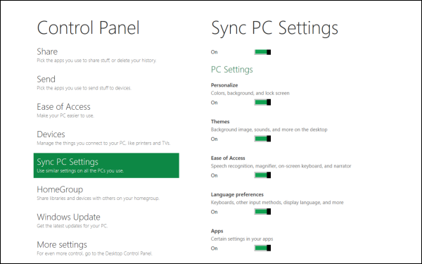 Metro-вариант Панели управления и настройки синхронизации через Windows Live