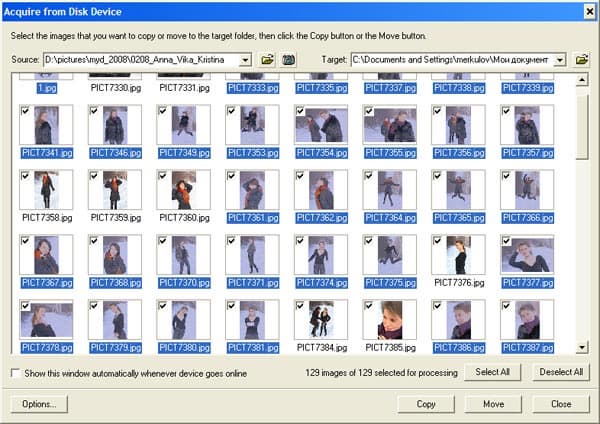 Выбор изображений для импорта в Zoner Photo Studio