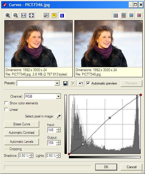 Управление яркостью и контрастом с помощью кривых в в Zoner Photo Studio