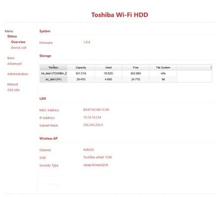 Веб-интерфейс Toshiba Canvio AeroCast