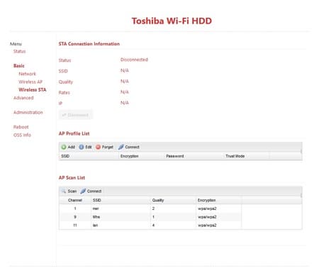 Веб-интерфейс Toshiba Canvio AeroCast