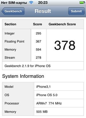 Результаты теста GeekBench на iPhone 4