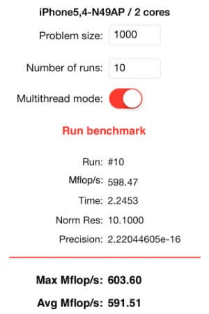 Результаты теста Linpack на iPhone 5c