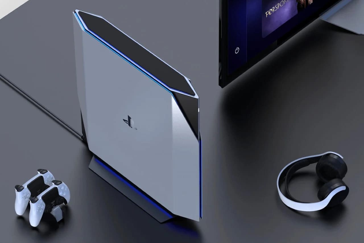 Concept art of a PlayStation 6 console, showcasing a futuristic design.