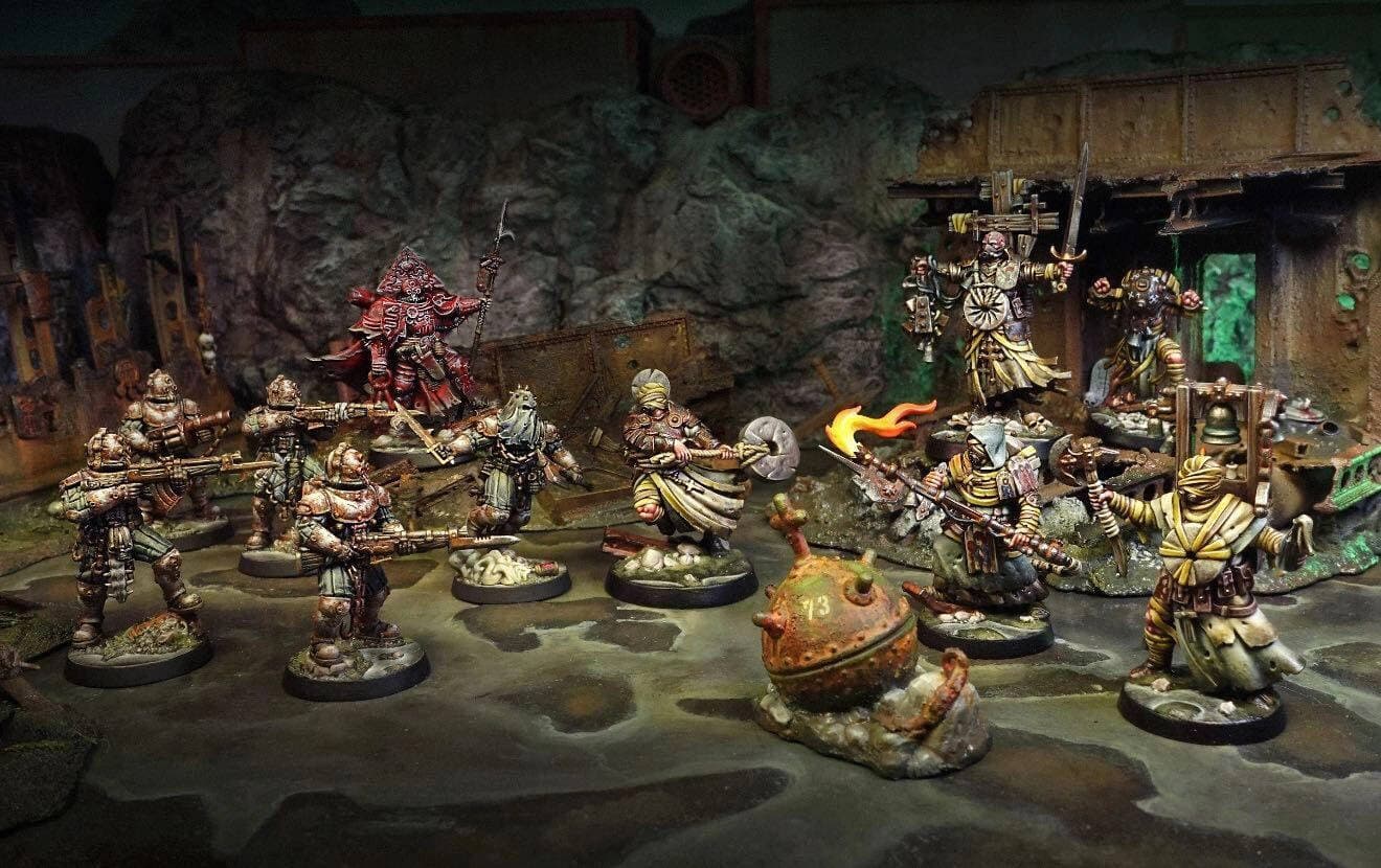 Detailed Trench Crusade Carcass Front miniatures, showcasing the Heretical Sea Raiders faction with various weapons and poses.