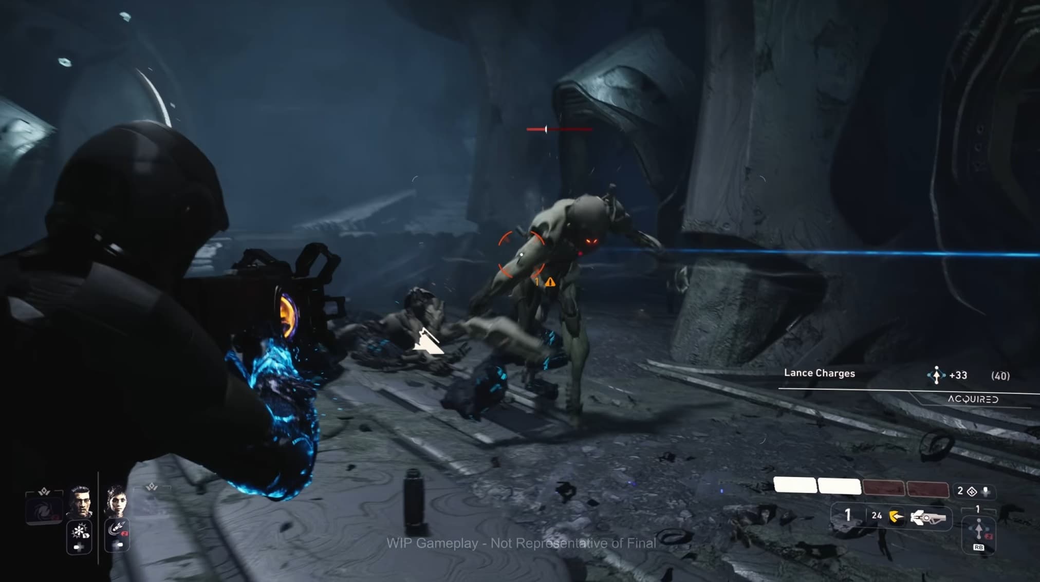 EXODUS gameplay screenshot showing a character engaging an enemy in a corridor.