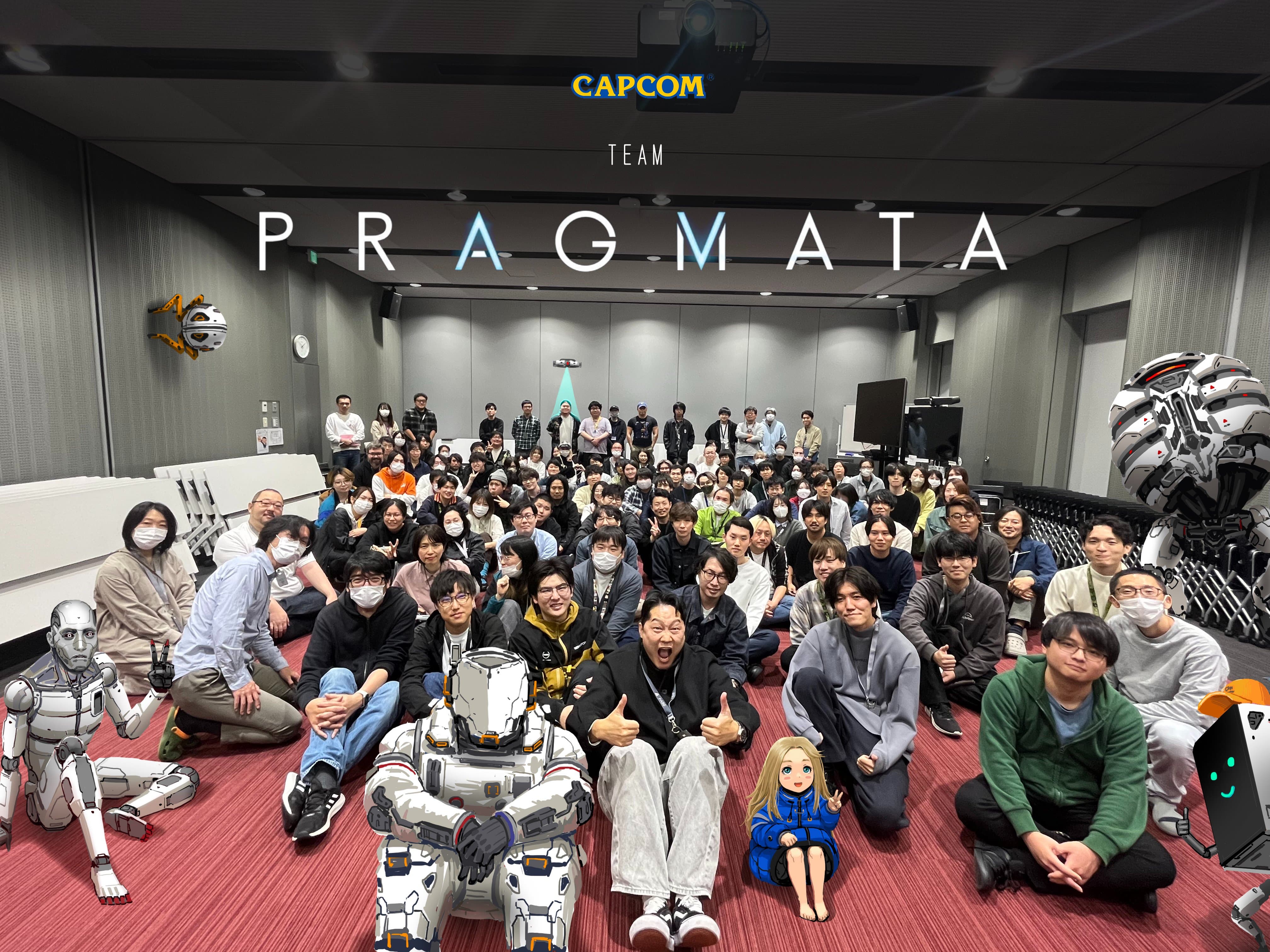 Pragmata developers posing with game characters.