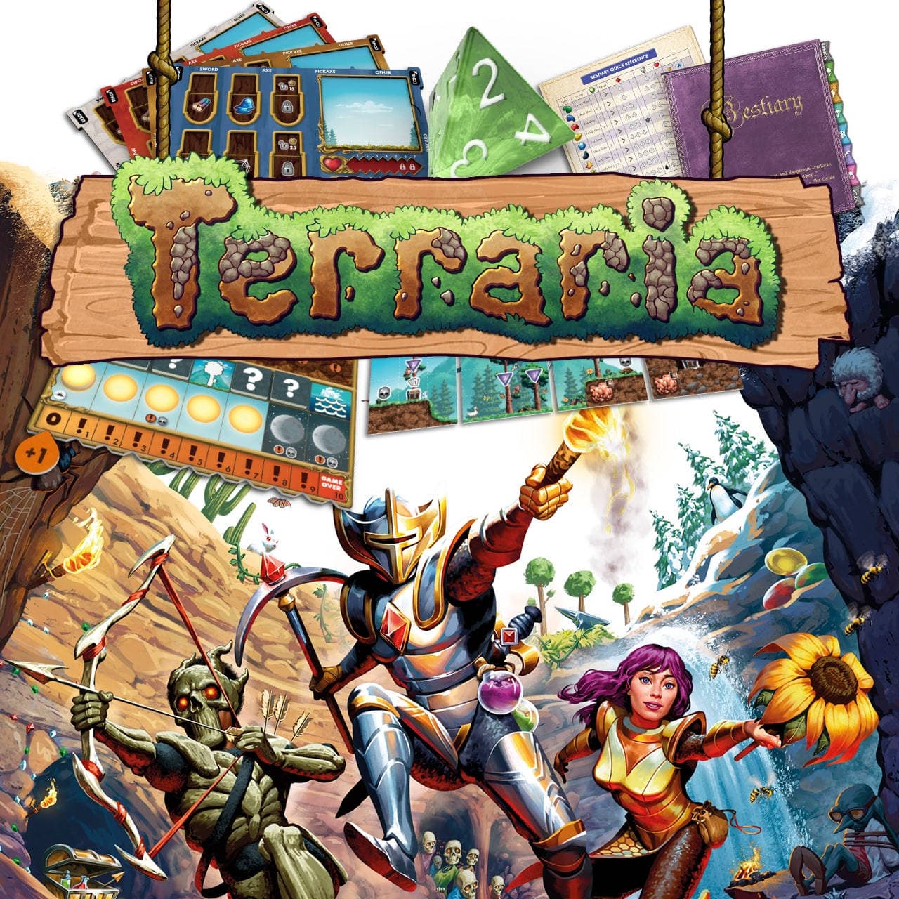 Игровое поле Terraria: The Board Game с картами и компонентами