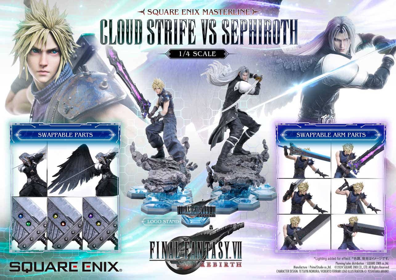 Close-up view of the Cloud Strife and Sephiroth statues