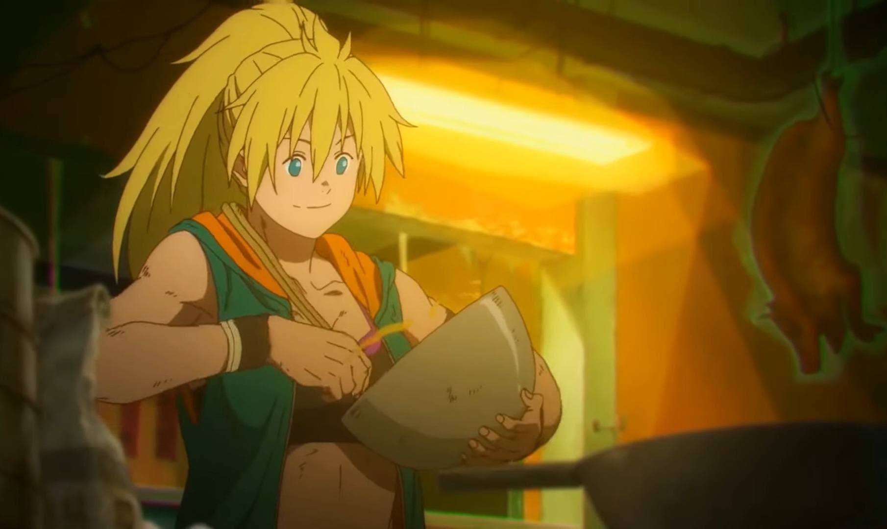 Close-up of Dorohedoro gyoza preparation